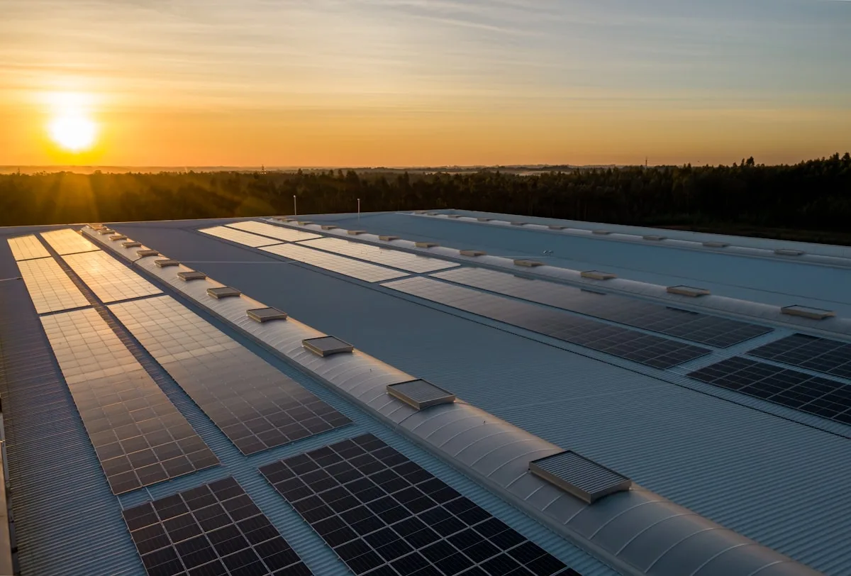 Solar panels on a large industrial roof